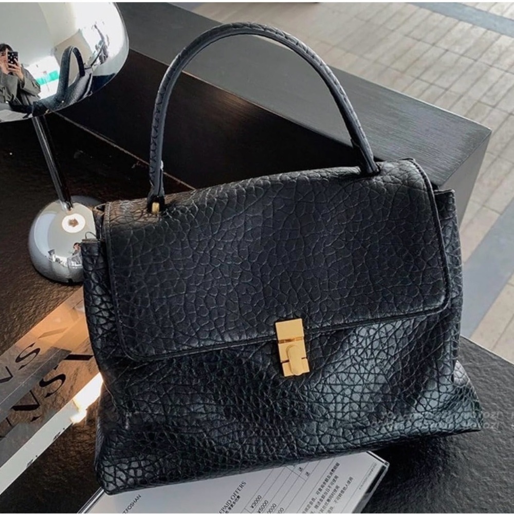 New Mini Hobo, Designer Black Textured Leather Top-Handle Bag with Gold Lock